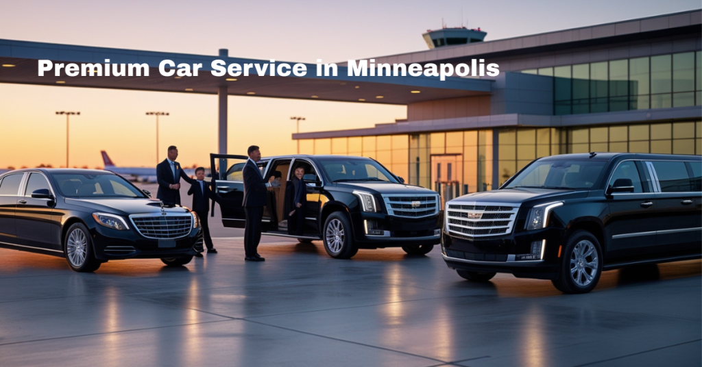 Luxury black car with professional chauffeur offering private car service at Minneapolis airport for business and VIP clients.