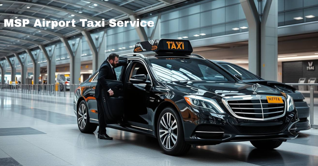 Professional driver opening a black car door at Minneapolis–Saint Paul International Airport (MSP), ready to transport a traveler with reliable, private MSP airport taxi service.