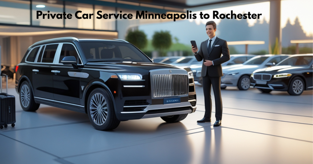 A luxury black SUV with a professional chauffeur parked near a scenic Minnesota highway, symbolizing a private car service from Minneapolis to Rochester. Ideal for business, airport transfers, or Mayo Clinic visits.