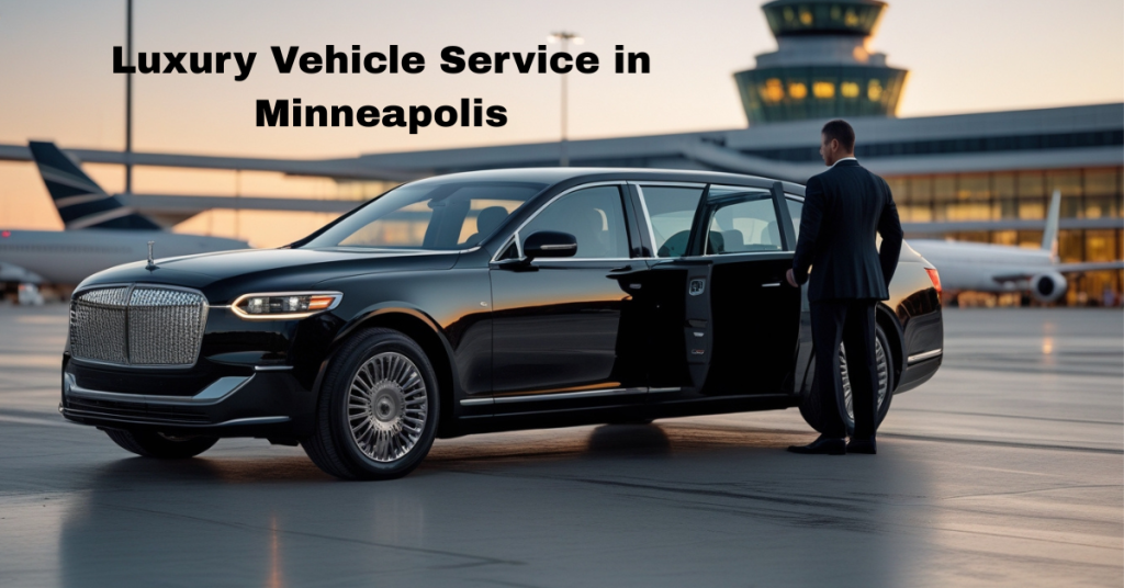 Professional chauffeur opening door of a luxury vehicle service in Minneapolis, ready for executive airport or business travel.